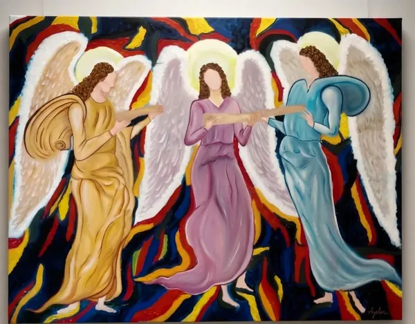 Tres ángeles, acrílico y óleo sobre lienzo