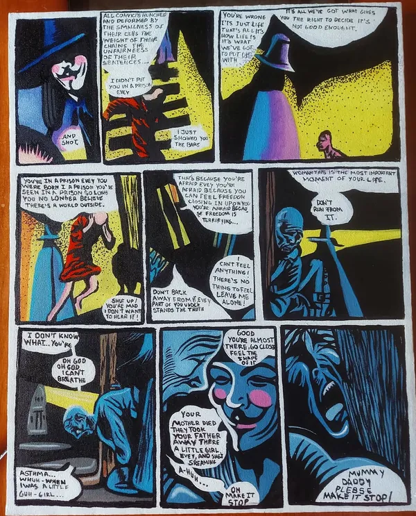 Página de cómic pintada a mano sobre lienzo