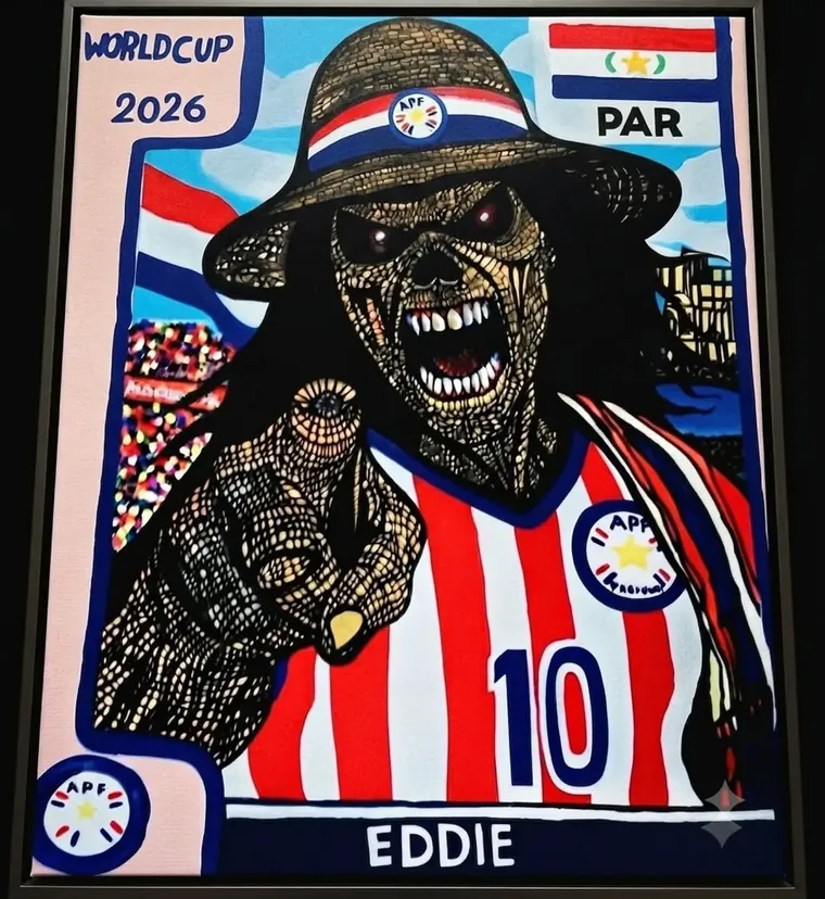Eddie de Iron Maiden con la camiseta de la Albirroja, cuadro en acrílico de Ayelén Luraghi