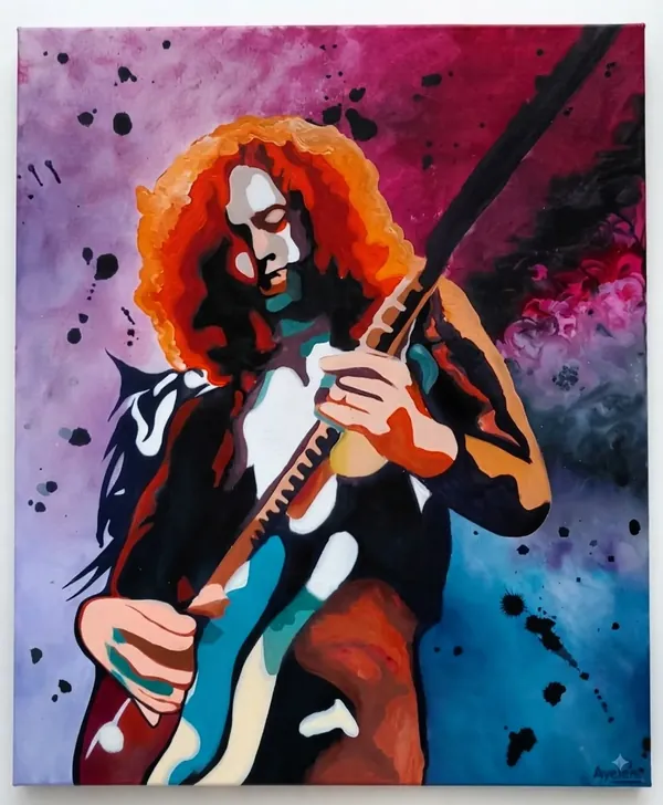 Guitarrista de rock, acrílico sobre lienzo