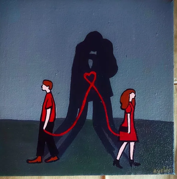 Pareja unida por un hilo rojo, acrílico sobre lienzo