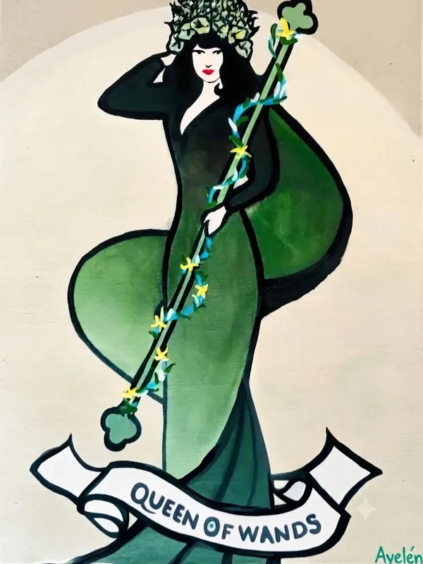 Reina de Bastos del tarot, acrílico sobre lienzo