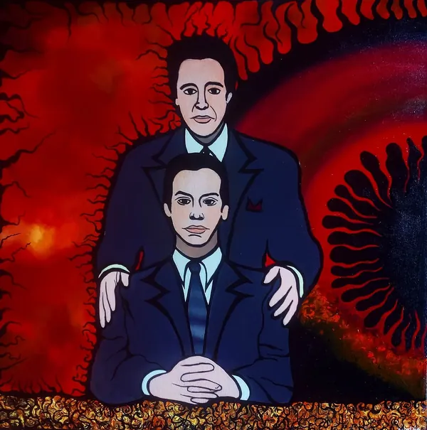 Retrato doble sobre fondo rojo, acrílico sobre lienzo